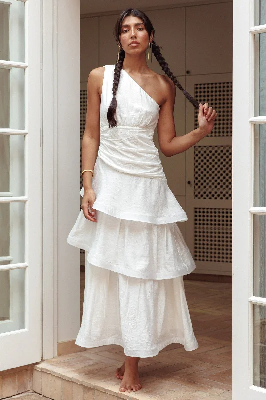 Chic, modern looks for the stylish woman   Kenny One Shoulder Tiered Maxi Dress White