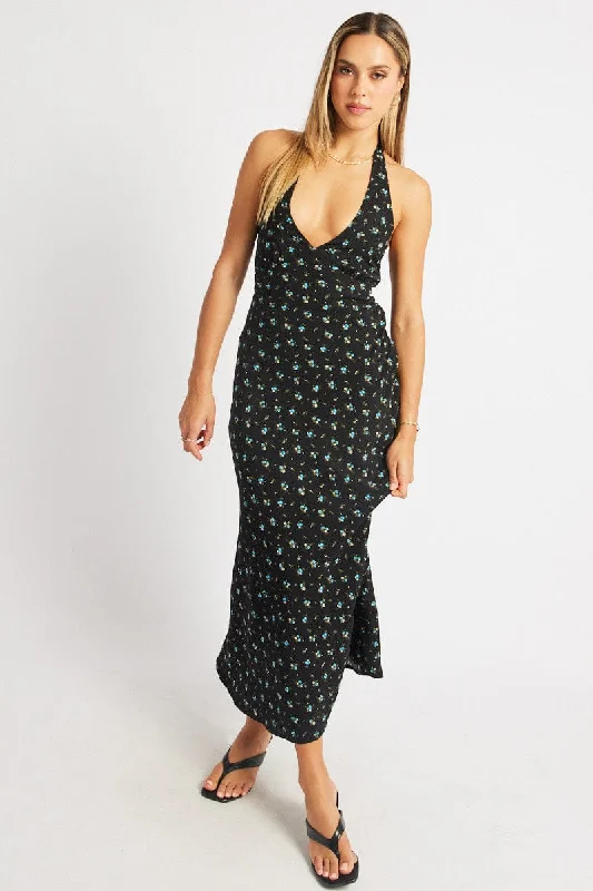 Women’s clothing that combines comfort and style   Black Ditsy Midi Dress Halter Neck