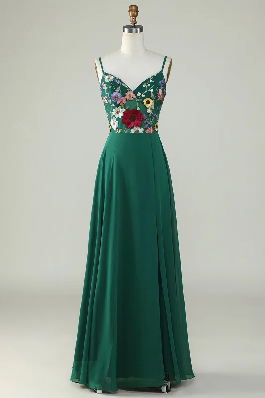 A-Line Spaghetti Straps Dark Green Long Bridesmaid Dress with 3D Flowers