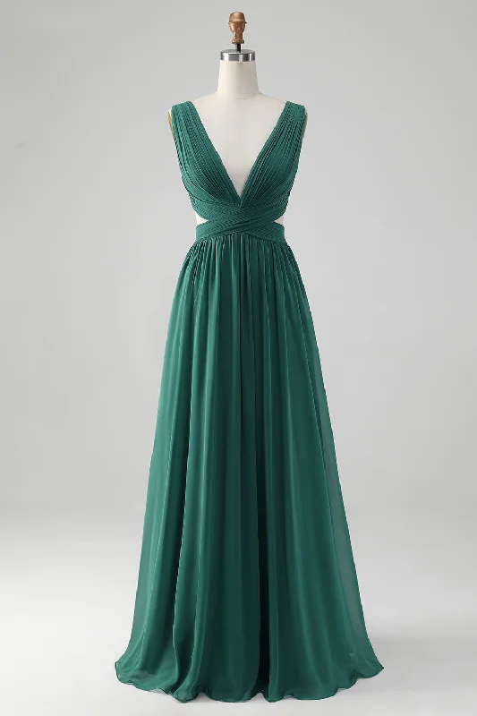 Dark Green A Line Chiffon Long Bridesmaid Dress with Lace Up Back