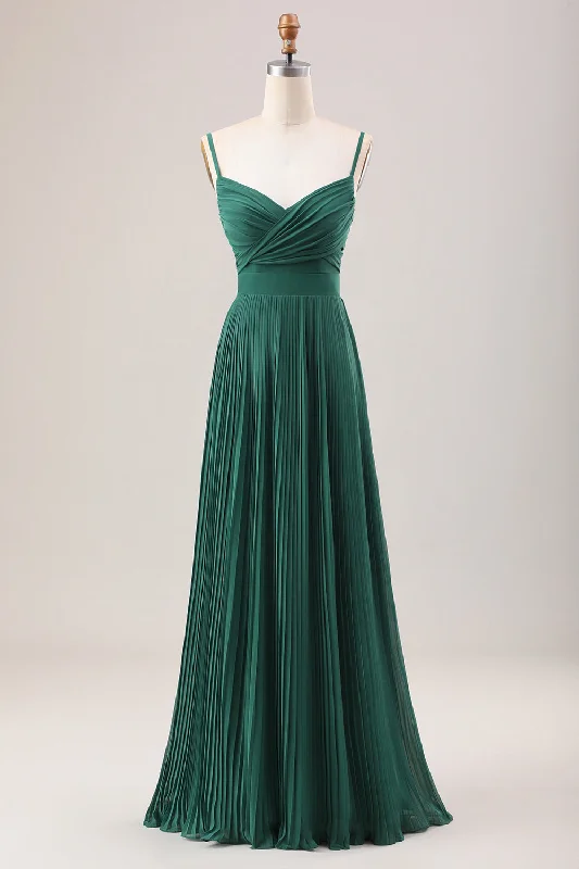 Dark Green A Line Spaghetti Straps Long Chiffon Bridesmaid Dress