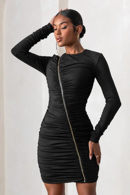 Empowered | Black High Neck Long Sleeves Zip Detail Mini Dress