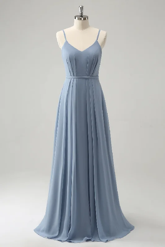 Grey Blue Chiffon Corset A Line Spaghetti Straps Pleated Long Bridesmaid Dress