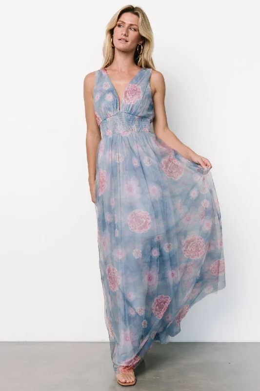 Kamila Tulle Maxi Dress | Light Blue + Pink Floral