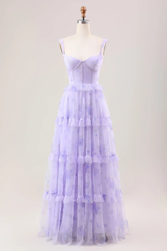 Lavender A Line Corset Spaghetti Straps Floral Tiered Long Bridesmaid Dress