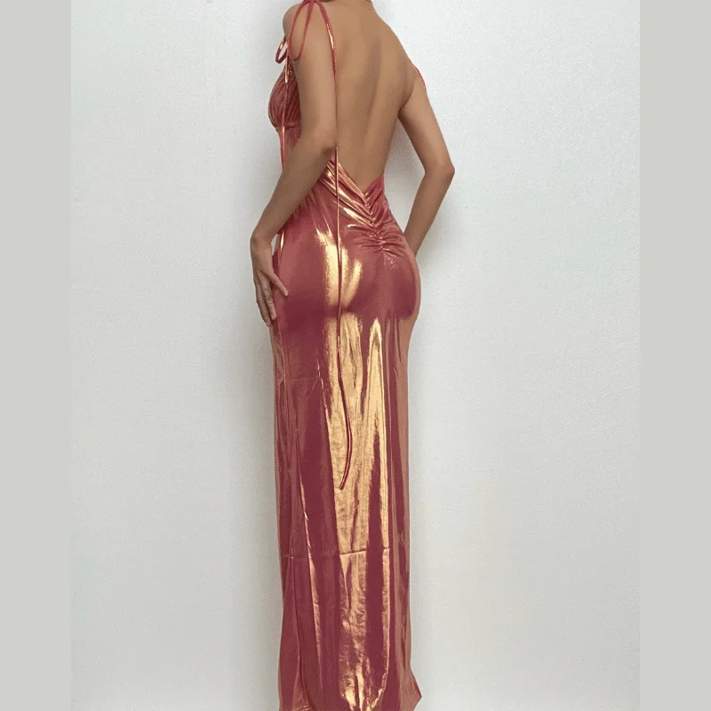 BerryBetty - Metallic ruched backless self tie square neck maxi dress