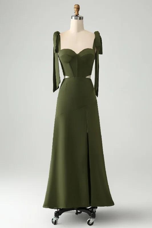 Olive  A Line Spaghetti Straps Floor Length Wedding Guest Dress with Slit