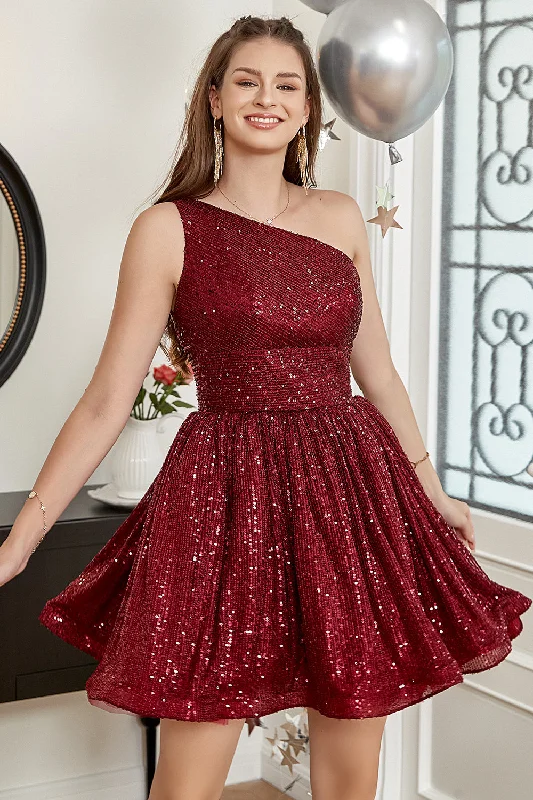 One Shoulder Sequin A-line Short Prom Dress