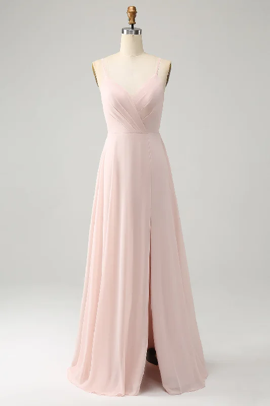 Pink A Line V Neck Chiffon Long Bridesmaid Dress with Slit