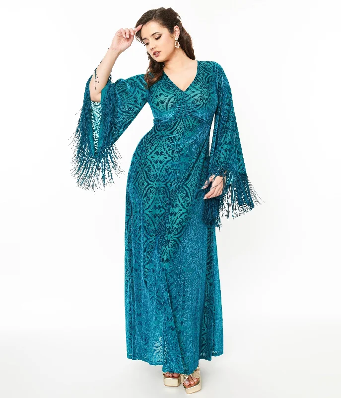 Smak Parlour 1970s Teal Floral Fringe Sleeve Maxi Dress