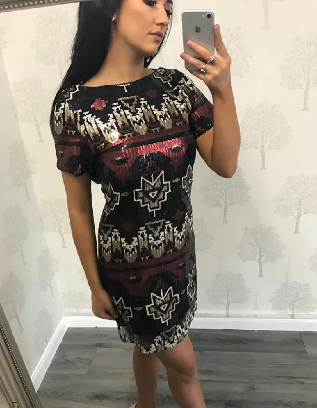 Zena Black Multi Sequin Aztec Shift Dress