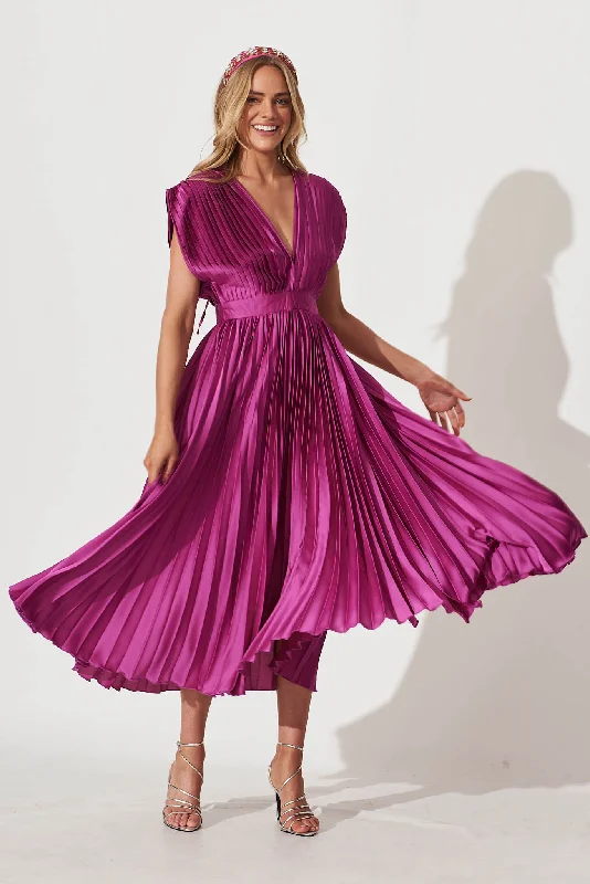 Anetta Midi Dress In Pleated Magenta Satin