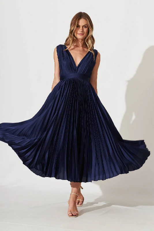 Anette Midi Dress In Pleated Navy Satin