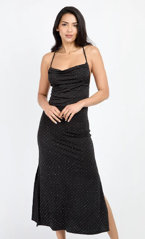 Black Embellished Slinky Cowl Neck Midi Dress by Chloe Lewis