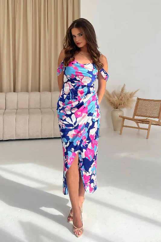 Camila Pink Blue Wrap Over Midi Dress