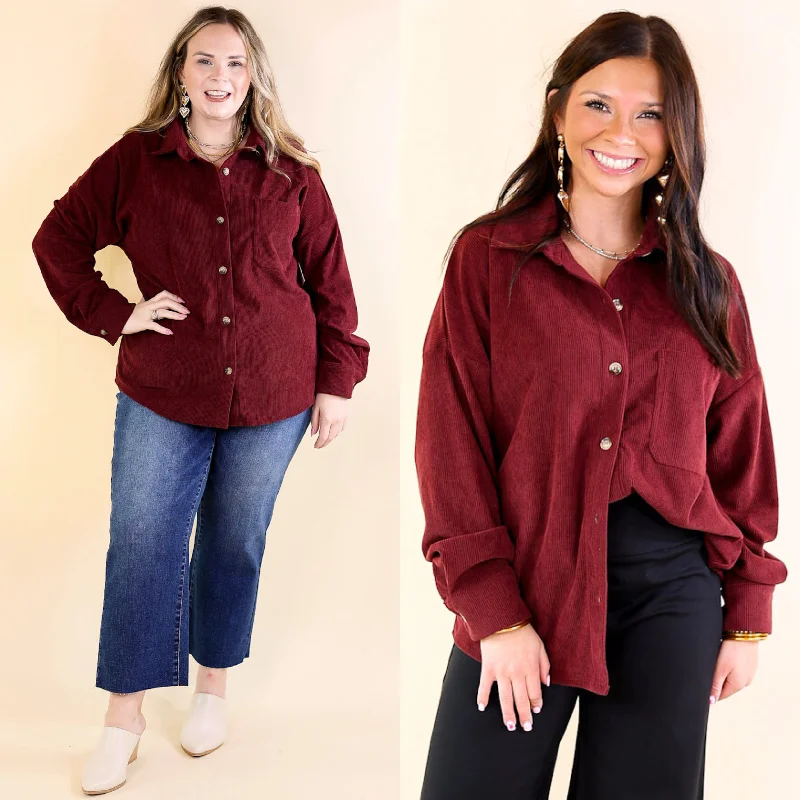 Captivating Cuteness Corduroy Button Up Shacket in Maroon