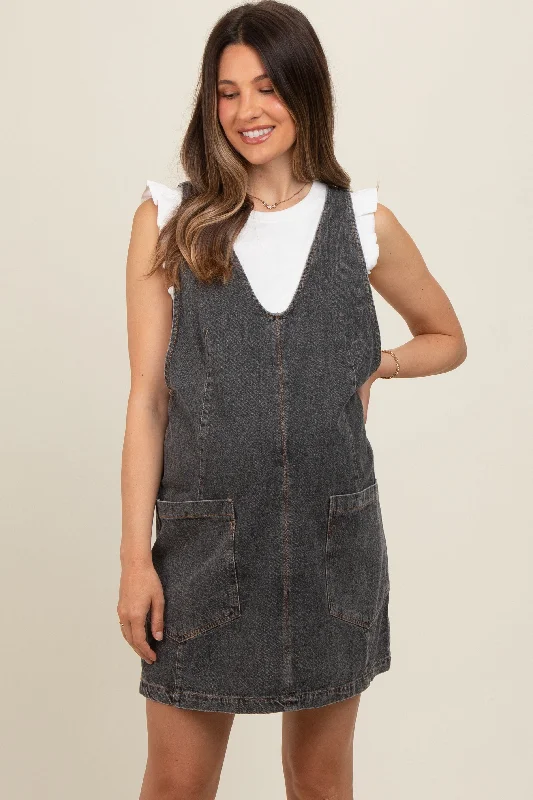 Charcoal Denim Front Pocket Maternity Skirt Overalls