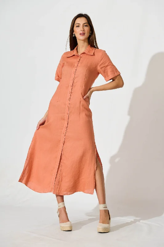 Christiana Maxi Shirt Dress In Rust Linen