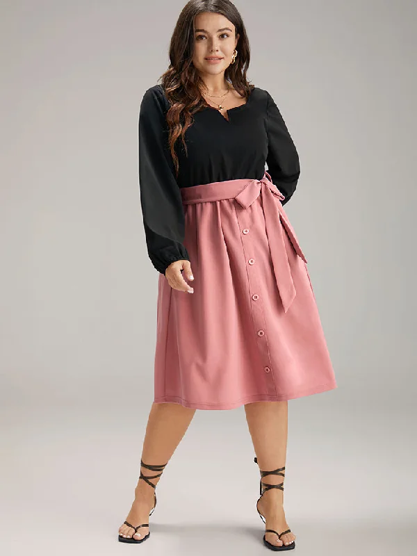 Contrast Patchwork Button Detail Belted Dress