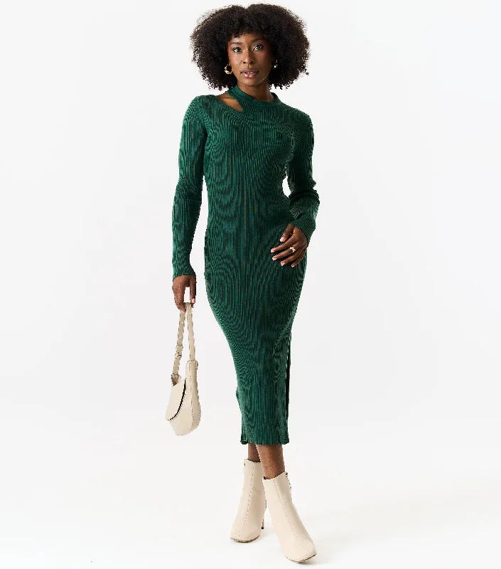 Dark Green Cut Out Rib Knit Bodycon Midi Dress