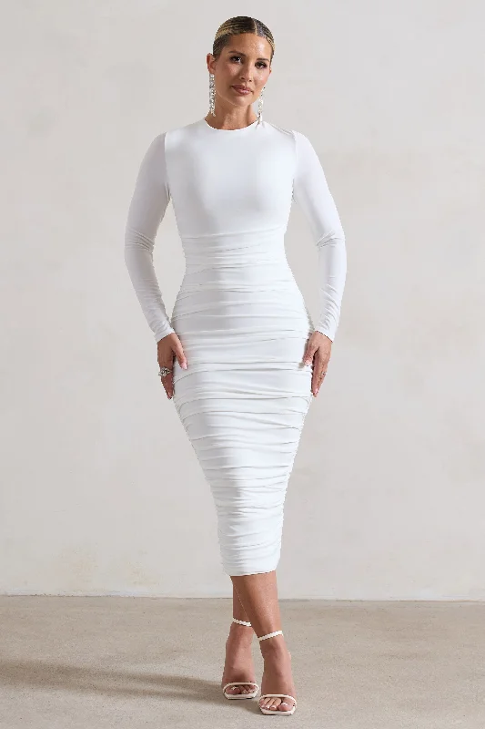 Emilie | White Ruched Long-Sleeve Midi Dress