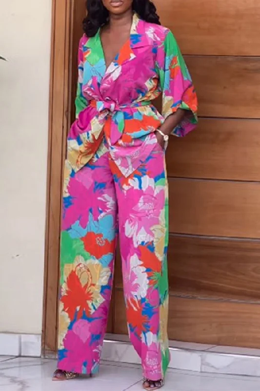 Floral Print Colorful Lace-Up Wide Leg Pant Suit