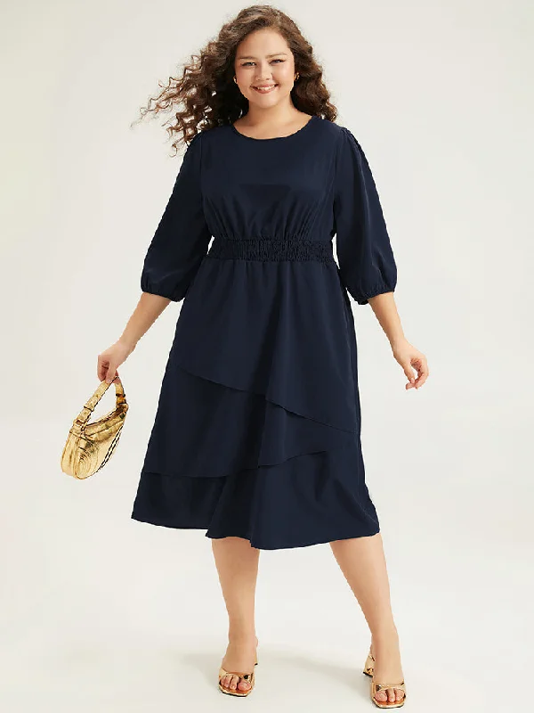 Twill Flutter Shirred Asymmetrical Layered Hem Dress