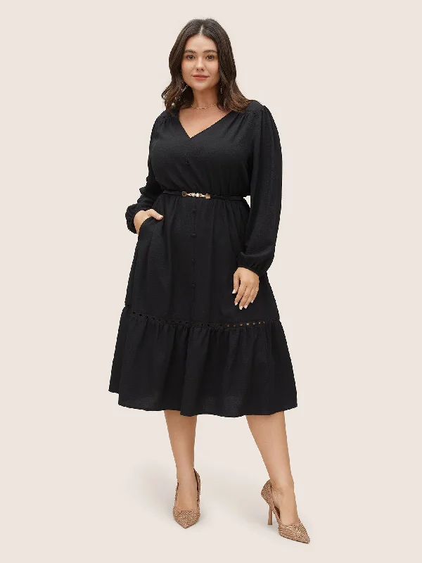 Hollow Out Lantern Sleeve Flutter Layered Hem Dress