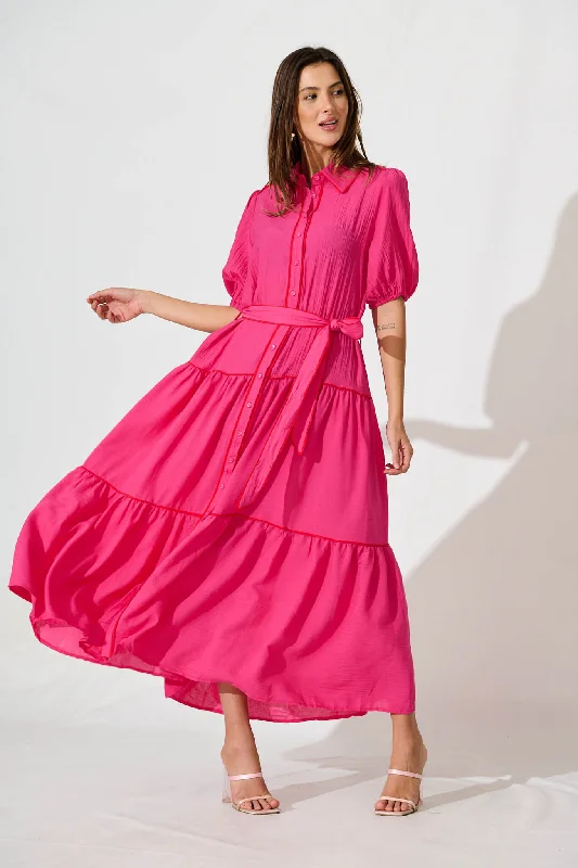 Impression Maxi Shirt Dress In Pink With Contrast Piping