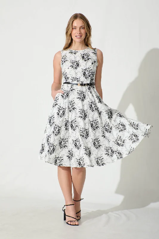 Jarmila Dress with Belt in White Black Floral Cotton Blend