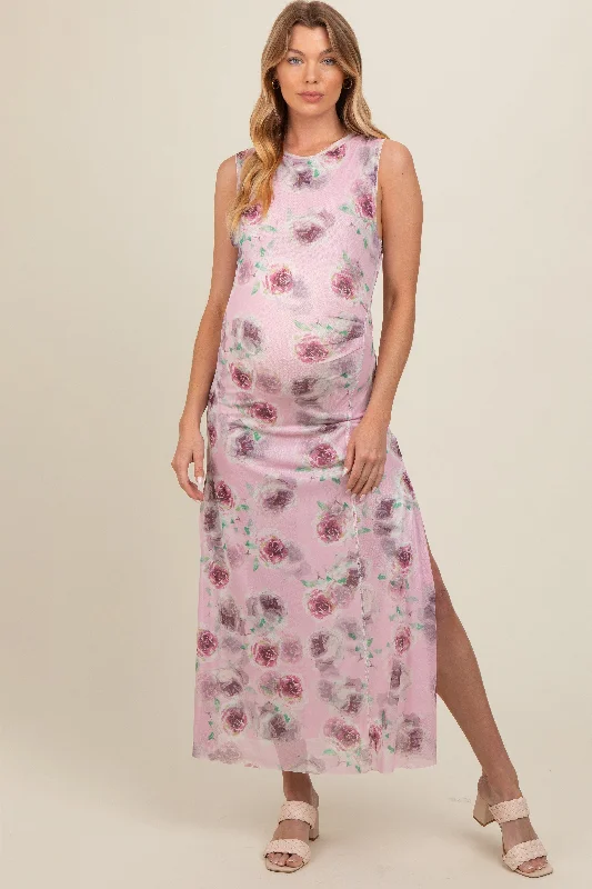 Lavender Rose Print Ruched Mesh Maternity Dress