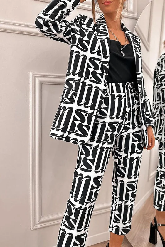 Letter Print Notched Lapel On-trend OL Pant Suit