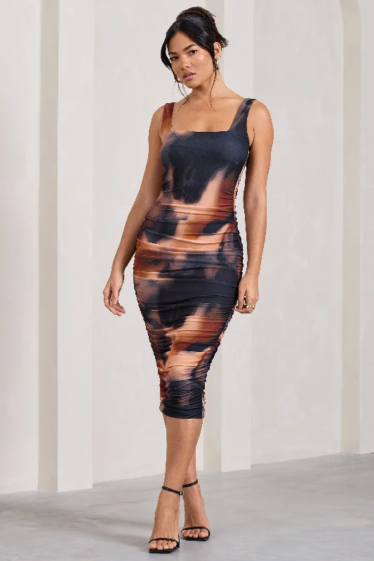 Lisbon | Orange Smoke Print Square Neck Ruched Midi Dress