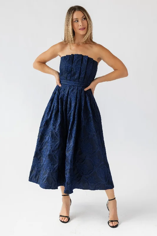 Marren Navy Brocade Midi Dress