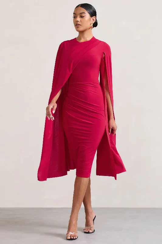 Marysol | Red Asymmetric Cape Midi Dress