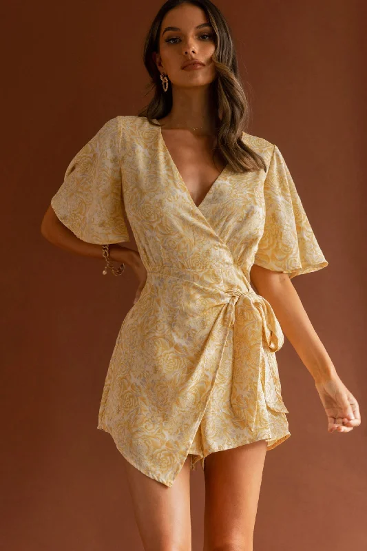 Nadi V-Neckline Wrap Romper Rose Flower Print Yellow