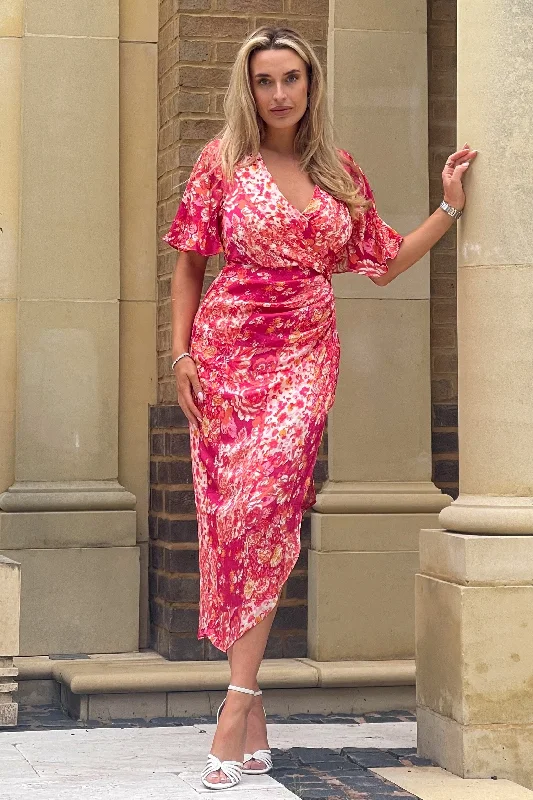 Natasha Blush Floral Angel Sleeve Wrap Midi Dress