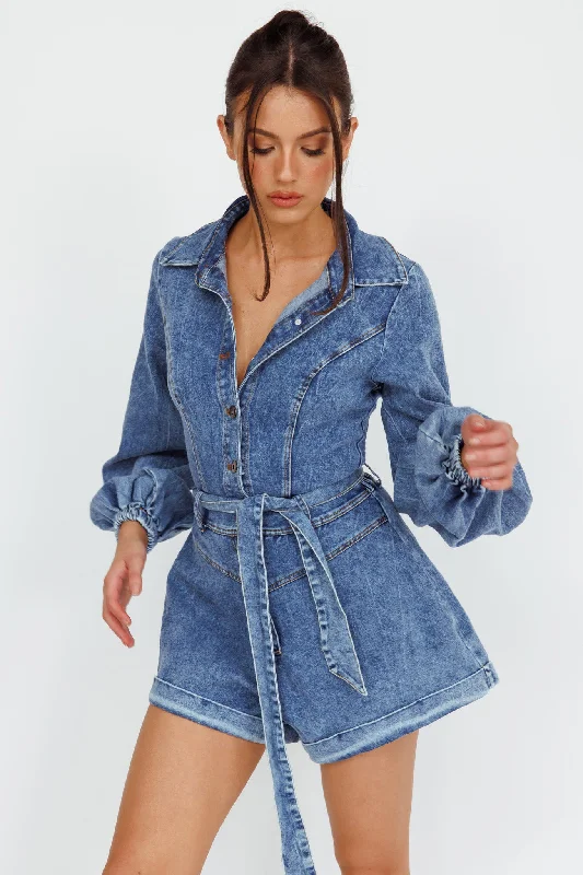 New Day Long Sleeve Button-Up Romper Denim