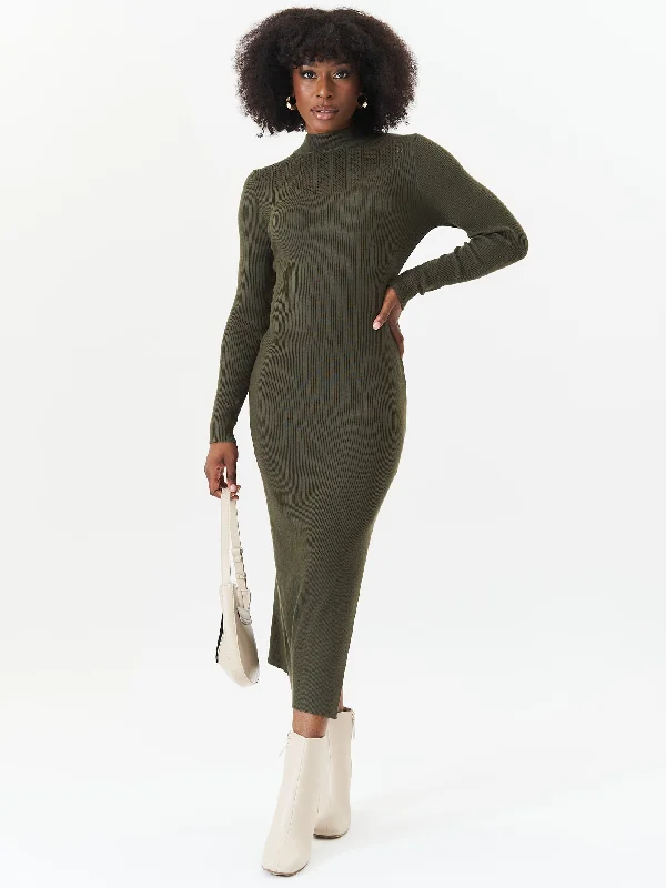 Khaki Rib Knit High Neck Bodycon Midi Dress