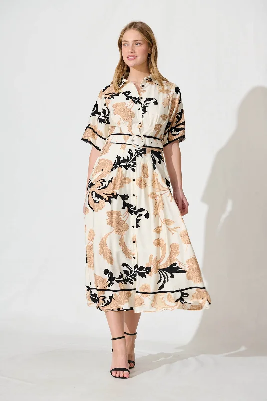 Rosella Midi Shirt Dress In White With Beige Print