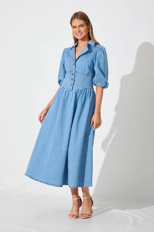 Roselyn Maxi Dress In Light Blue Denim