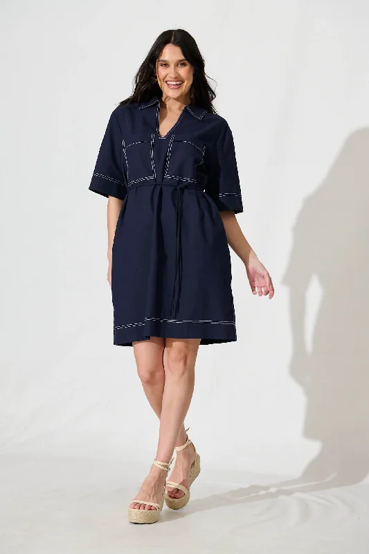 Salvatore Dress in Navy Cotton Linen