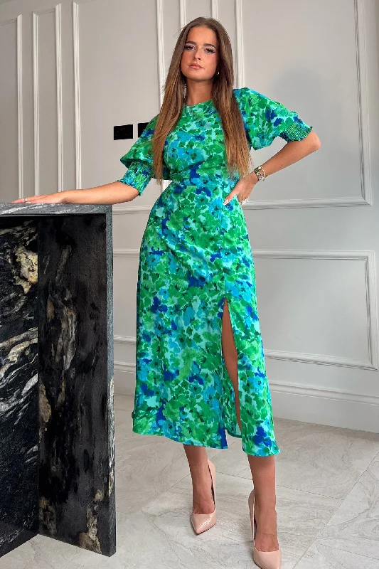 Shayla Green Floral Shirred Cuff Midi Dress