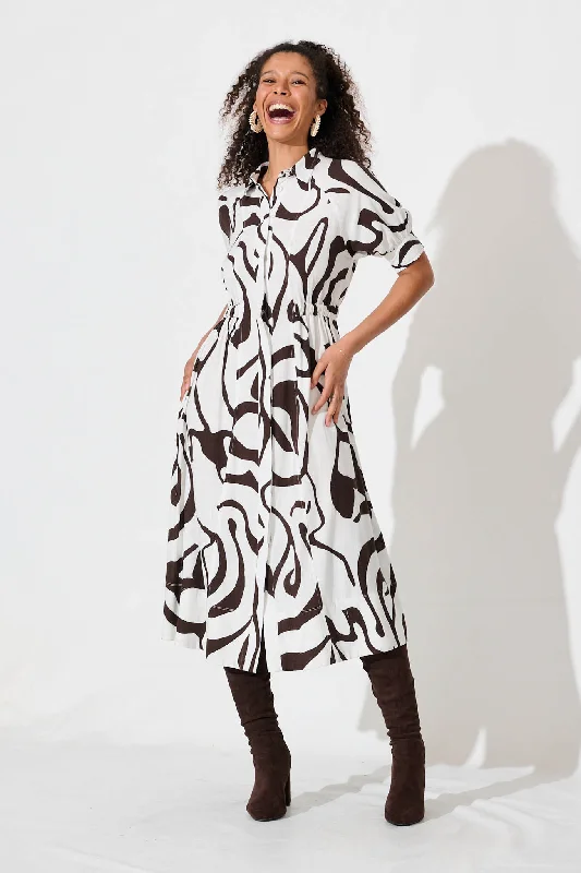 Sheraton Midi Shirt Dress In White With Chocolate Swirl Linen Blend