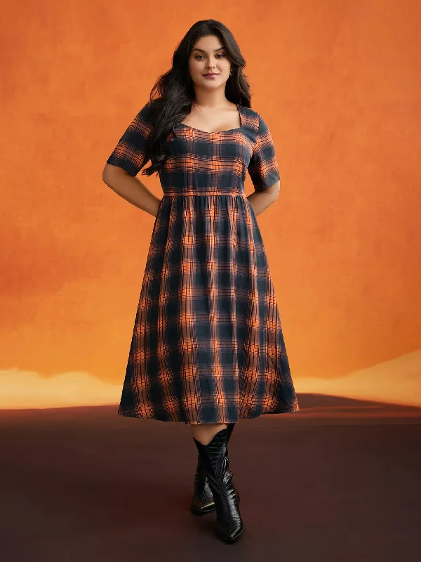 Stretchy Plaid Contrast Splicing Midi Dress