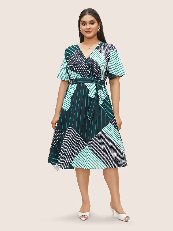 Striped Geometric Surplice Neck Belted Dress