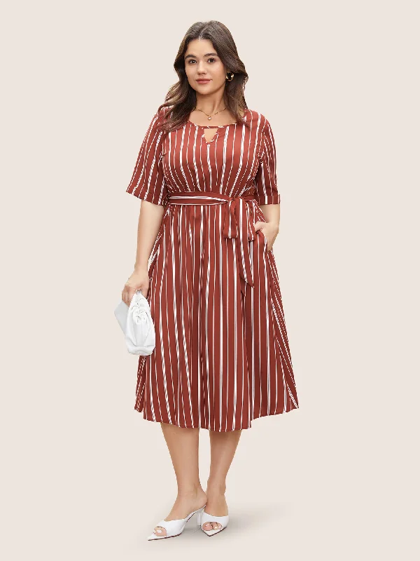 Striped Keyhole Pocket Belted Elastic Waist Dress