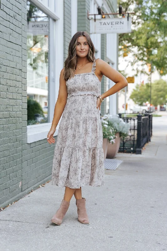 Taupe Print Tiered Midi Dress