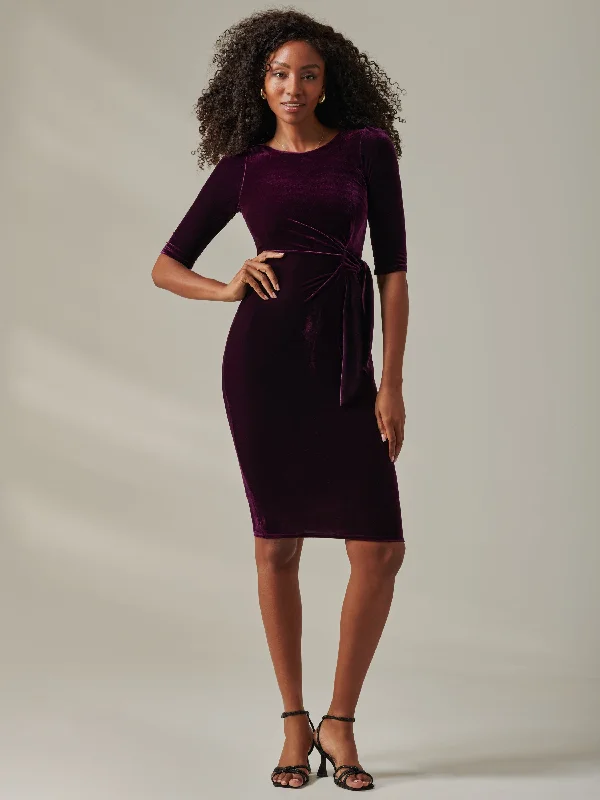 Velvet Side Tie Midi Dress, Dark Purple