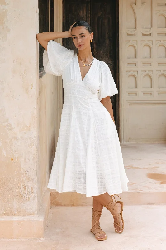 Weatherly Off-White Puff Sleeve Midi Dress